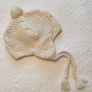 Lucky Brand Cozy Cream Knit Pom-Pom Hat with Tassel Ties